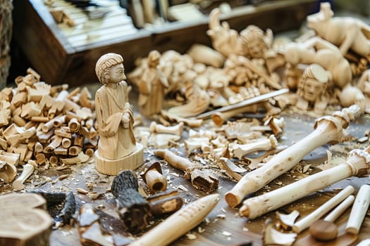 A wooden carving of a man stands prominently in the center, surrounded by a scattered pile of wood shavings on the floor. The carving shows intricate details of the mans features and clothing, while the shavings indicate recent work done on the piece.