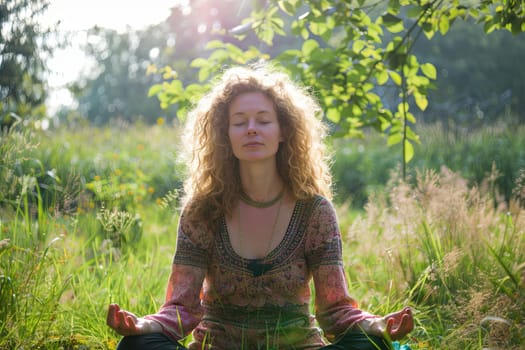 A woman is sitting in the grass, practicing yoga poses. She appears focused and concentrated, following a sequence of movements and stretches.