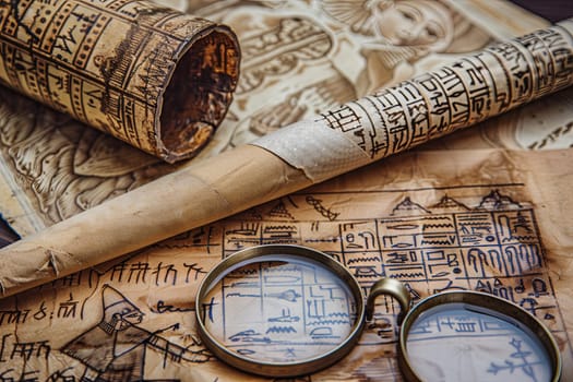 Two magnifying glasses are placed on a detailed map, showing intricate details of geographical locations. The lenses of the magnifying glasses reveal close-up views of specific areas on the map.