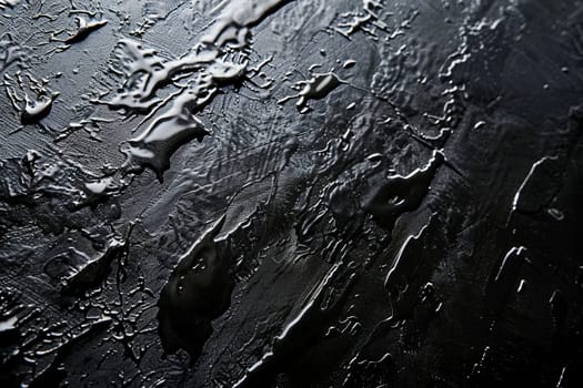 A close-up view of a black surface featuring numerous small drops of water scattered across it, creating a visually striking pattern.