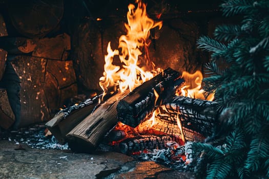 A fire is burning brightly in a fireplace, casting a warm glow. Next to it, a neat pile of logs is ready to be added to the fire. The flames crackle and dance, creating a cozy atmosphere.