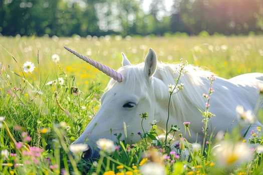A majestic white unicorn is peacefully laying amidst a field of colorful flowers. The unicorns shimmering horn catches the sunlight while it rests its graceful form on the soft grass and blooms.