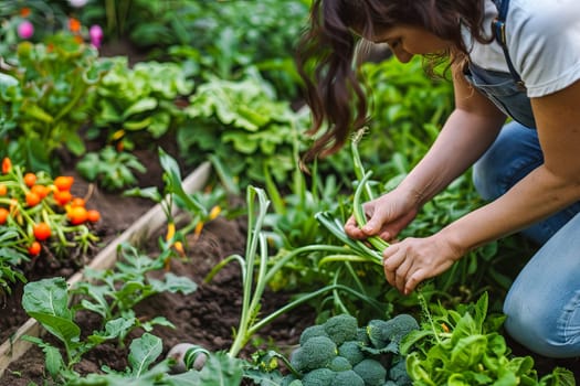 A woman is kneeling down in a garden, carefully picking fresh broccoli. She is surrounded by green foliage and the vibrant colors of the vegetable patch.