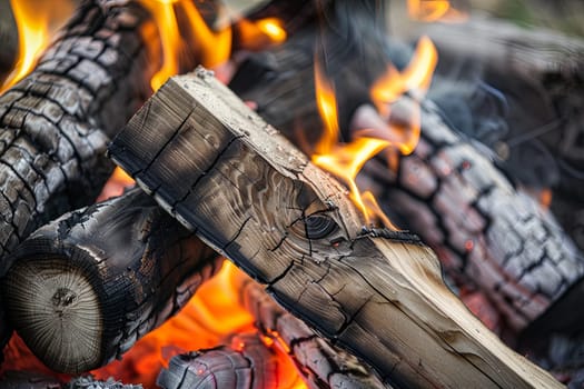 A detailed view of a fire burning brightly, surrounded by logs and flames. The flames dance and flicker as they consume the logs, creating a warm and intense glow. The crackling sound of the burning logs can almost be heard, adding to the dynamic nature of the scene.