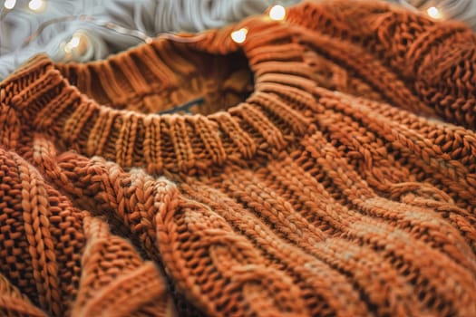 A detailed view of a sweater with intricate patterns, against a backdrop of softly glowing lights. The sweaters texture and design stand out prominently in the foreground, drawing attention to its colors and fabric.