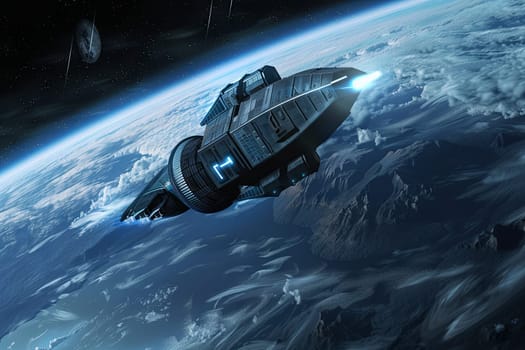 A spaceship soars through the dark void of space, with planet Earth visible below. The curvature of the Earth and the vastness of space are strikingly displayed.