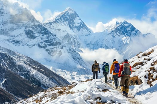 A group of hikers, wearing winter gear, steadily trekking up a steep snow-covered mountain trail. The snowy landscape is dotted with pine trees and the sky is gray with impending snowfall.