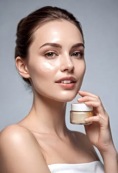 AI generated portrait of woman on beauty pose present the product