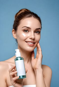 AI generated portrait of woman on beauty pose present the product