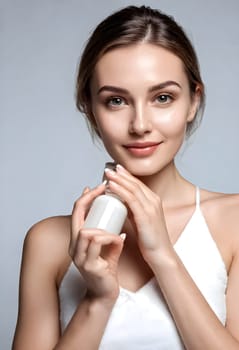 AI generated portrait of woman on beauty pose present the product