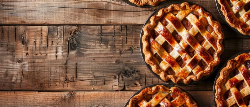 A top view of a freshly baked lattice-top cherry pie, displaying its golden-brown crust and glistening cherry filling, resting on a rustic wooden table