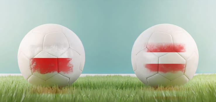 Poland vs Austria football match infographic template for Euro 2024 matchday scoreline announcement. Two soccer balls with country flags placed against each other on the green grass with copy space