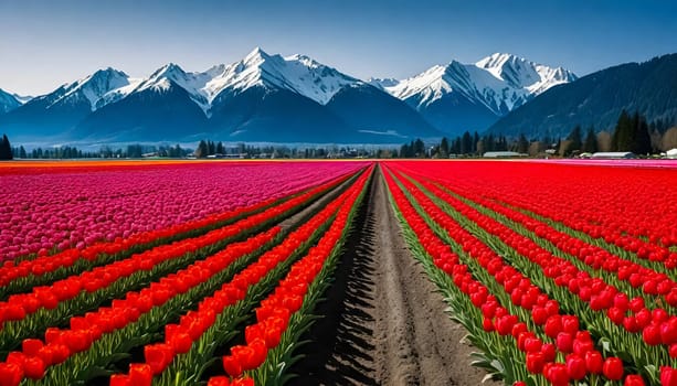 AI generated of field of blooming coloful tulips at Skagit Valley, Washiongton, USA