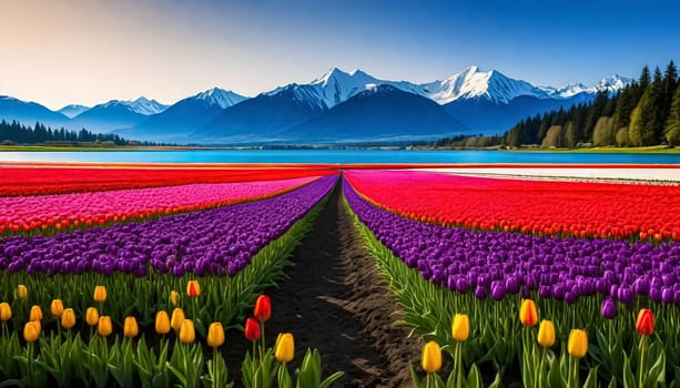AI generated of field of blooming coloful tulips at Skagit Valley, Washiongton, USA