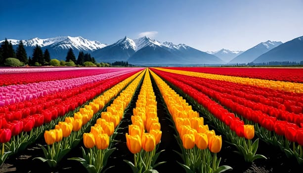 AI generated of field of blooming coloful tulips at Skagit Valley, Washiongton, USA
