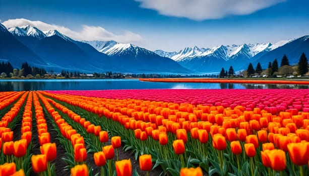 AI generated of field of blooming coloful tulips at Skagit Valley, Washiongton, USA