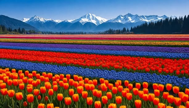 AI generated of field of blooming coloful tulips at Skagit Valley, Washiongton, USA