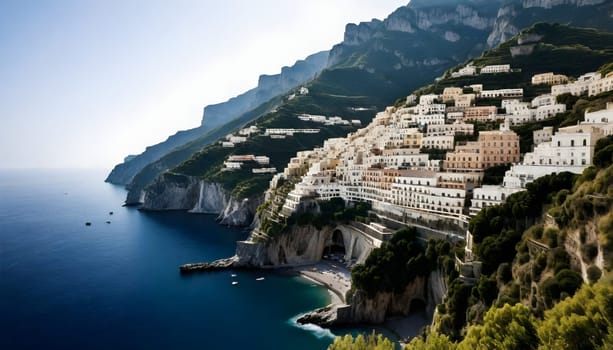 AI generated of view of Positano town at Amalfi coastline, Italy