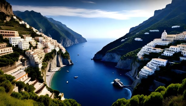 AI generated of view of Positano town at Amalfi coastline, Italy