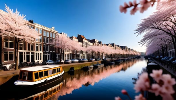 AI generated of a row of boats are lined up along a canal with boats on the water in Amsterdam, Netherlands