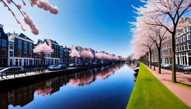AI generated of a row of boats are lined up along a canal with boats on the water in Amsterdam, Netherlands