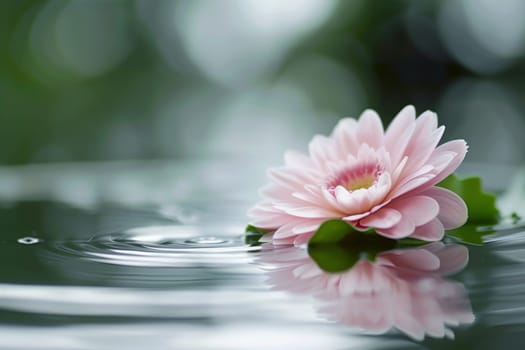 A pink flower, buoyant on the waters surface, gracefully drifts along, its delicate petals contrasting with the serene rippling of the water below.