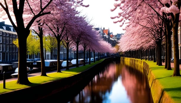 AI generated of a row of boats are lined up along a canal with boats on the water in Amsterdam, Netherlands