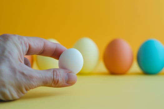 A hand is shown holding an egg in front of a row of colored eggs. The hand is gently cradling the egg, which stands out against the backdrop of vibrant colored eggs lined up in a row.