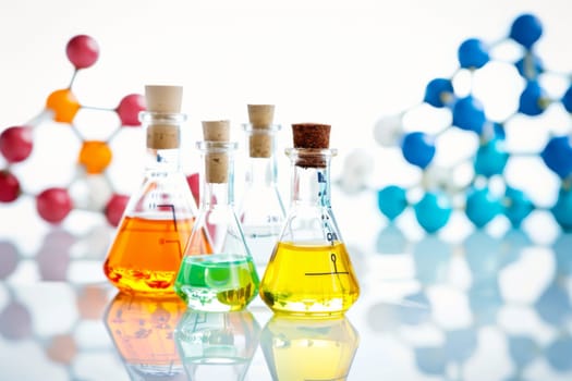 A collection of assorted glass bottles containing vibrant liquids in various colors, neatly arranged in rows on a wooden shelf. The bottles are filled to different levels, showcasing the diverse hues of the liquids inside.