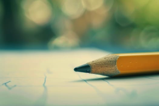 A bright yellow pencil is placed neatly on top of a wooden table. The pencil stands out against the smooth surface, creating a simple yet visually striking composition.