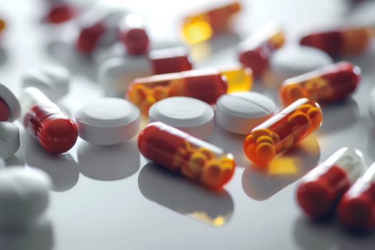 A close-up view of multiple pills scattered across a table surface. The pills vary in size, shape, and color, creating a stark image of pharmaceutical diversity and abundance.