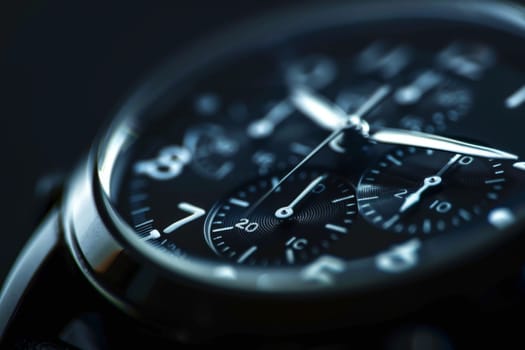 A detailed close-up shot of a watch placed on a sleek black surface. The watch face and intricacies of the timepiece are highlighted, reflecting light against the dark backdrop.