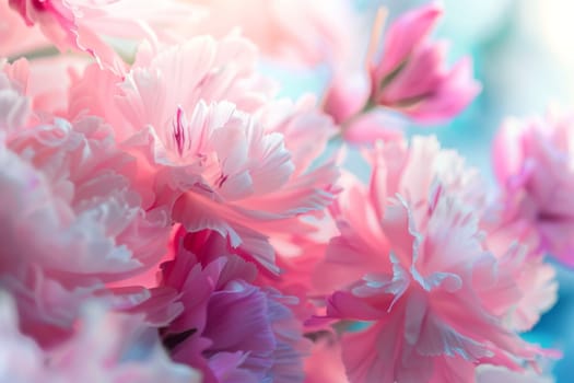 A variety of pink and white flowers, including roses and carnations, arranged neatly in a clear glass vase. The flowers are fresh and vibrant, adding a pop of color to the room.