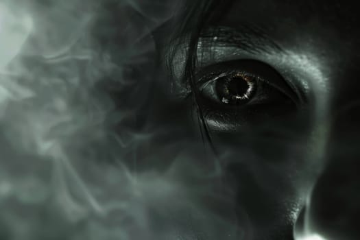 A close-up view of a persons face with swirling smoke in the background. The individuals features are highlighted, with the smoke adding a dynamic element to the composition.
