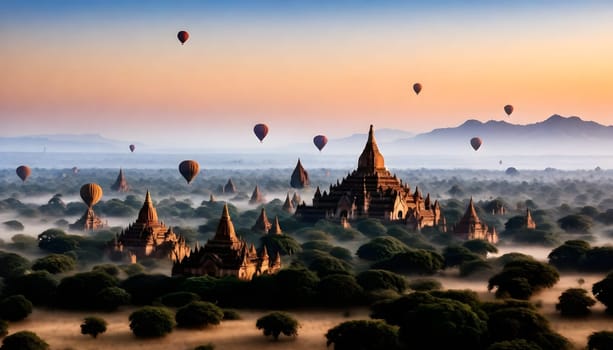 AI genrated of Bagan Temples in Myanmar with hot air balloons in the morning