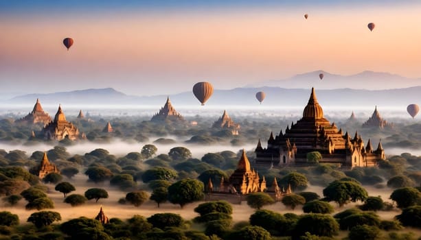 AI genrated of Bagan Temples in Myanmar with hot air balloons in the morning