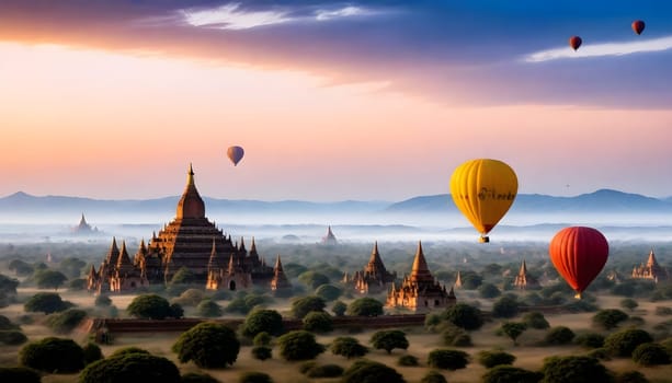 AI genrated of Bagan Temples in Myanmar with hot air balloons in the morning