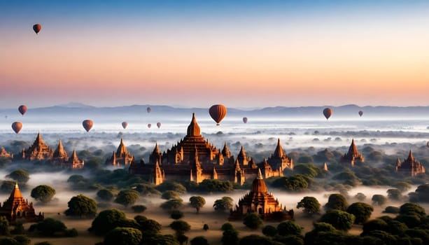 AI genrated of Bagan Temples in Myanmar with hot air balloons in the morning