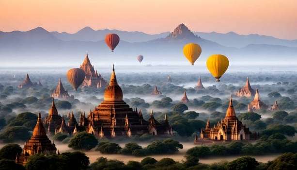 AI genrated of Bagan Temples in Myanmar with hot air balloons in the morning