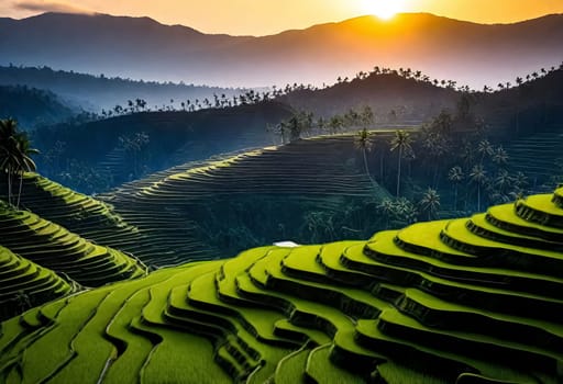 AI generated of the sun sets over rice terraces in Bali , Indonesia