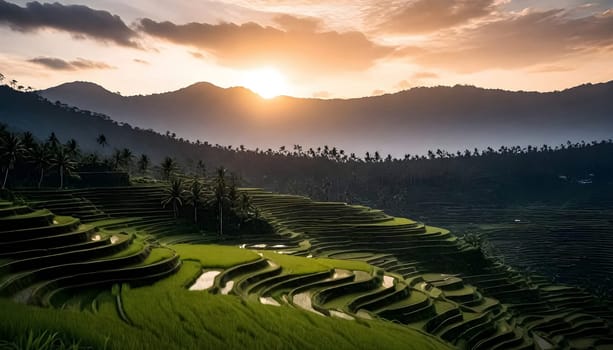 AI generated of the sun sets over rice terraces in Bali , Indonesia