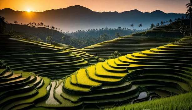 AI generated of the sun sets over rice terraces in Bali , Indonesia