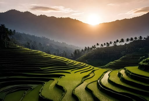 AI generated of the sun sets over rice terraces in Bali , Indonesia