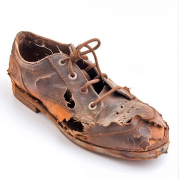 Worn, old leather boot with a hole, isolated on a white background