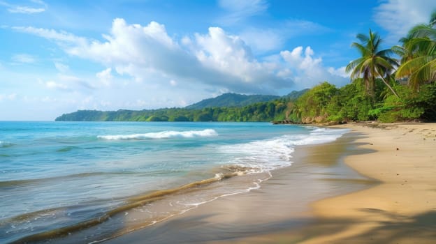 Tropical beach with palm trees and sea waves. Paradise island. AI Generated.