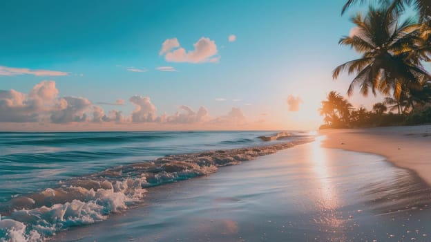 Tropical beach at sunset. Palm trees and sea waves. Paradise island. AI Generated.