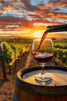 Pouring red wine into glass in the vineyard at golden hour sunset. AI Generated.