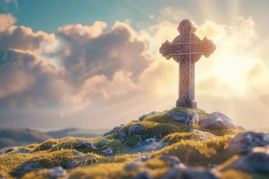Celtic cross on a hill with sunshine in the blue sky. Heavenly light behind ancient symbol of faith. AI Generated.