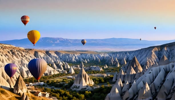 AI generated of Cappadocia road in Turkey with hot air balloons