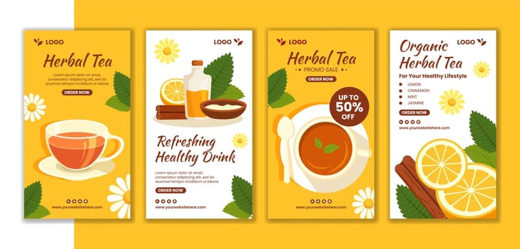 Herbal Tea Social Media Stories Flat Cartoon Hand Drawn Templates Background Illustration